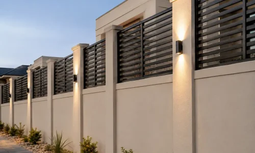 Modern boundary wall in twilight glow Modern boundary wall in twilight glow